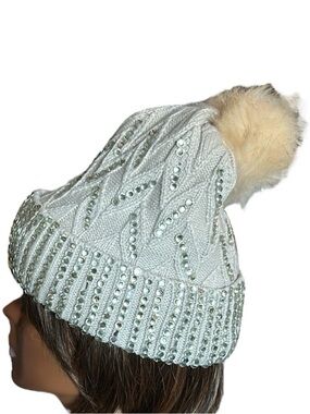 Cable Knit Rhinestone Embellished Sparkle Beanie Faux Fur Ball in Beige